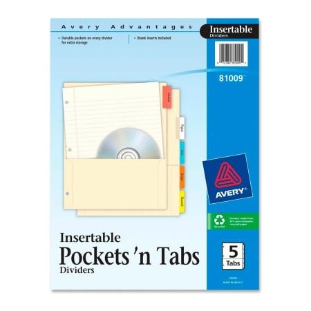 Avery Dennison Avery Insertable 5-Tab Divider, 8.88"x11", 5 Tabs, Assorted/Multicolor 81009